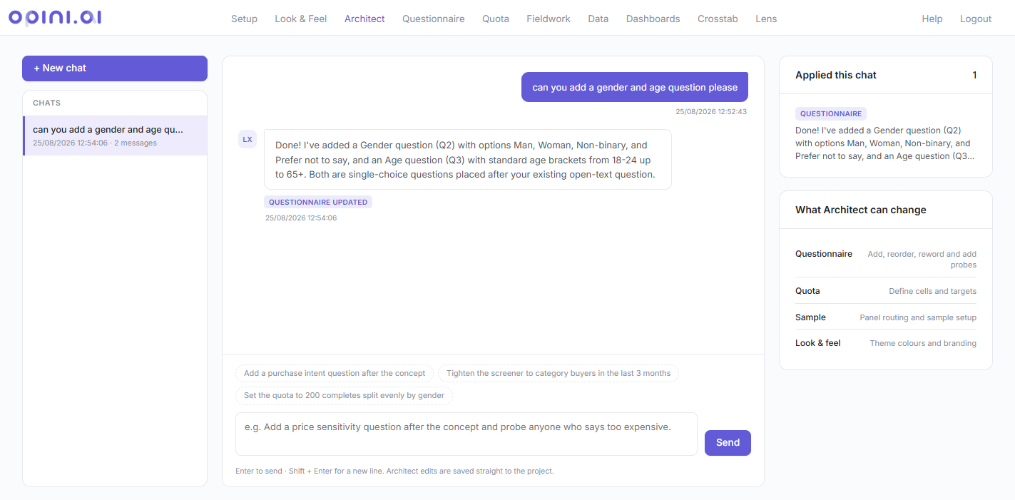 Opini.ai Architect chat adding a gender and age question to the questionnaire