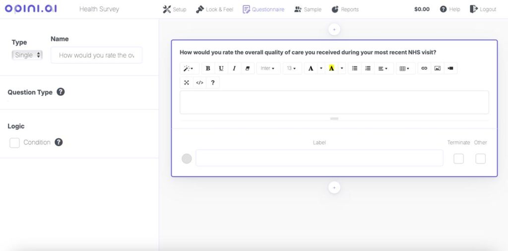 Opini Best Smart Survey Platform - In Action while creating a survey