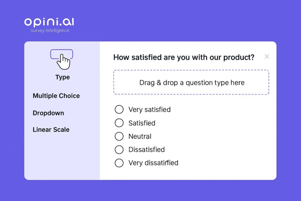 Opini.ai free survey tool drag-and-drop builder interface showing customizable question types for creating surveys.