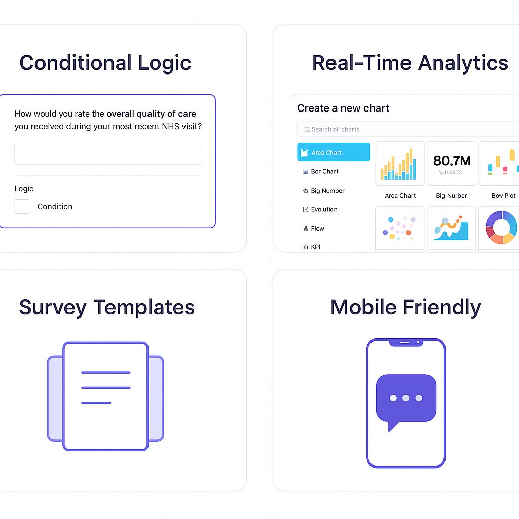 Opini.ai free survey tool features including conditional logic, real-time analytics, survey templates, and mobile-friendly design