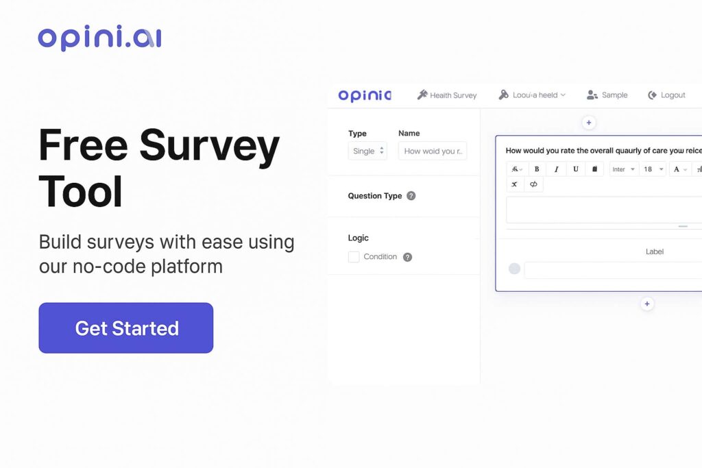 Opini.ai free survey tool homepage with drag-and-drop interface and call-to-action to build surveys easily