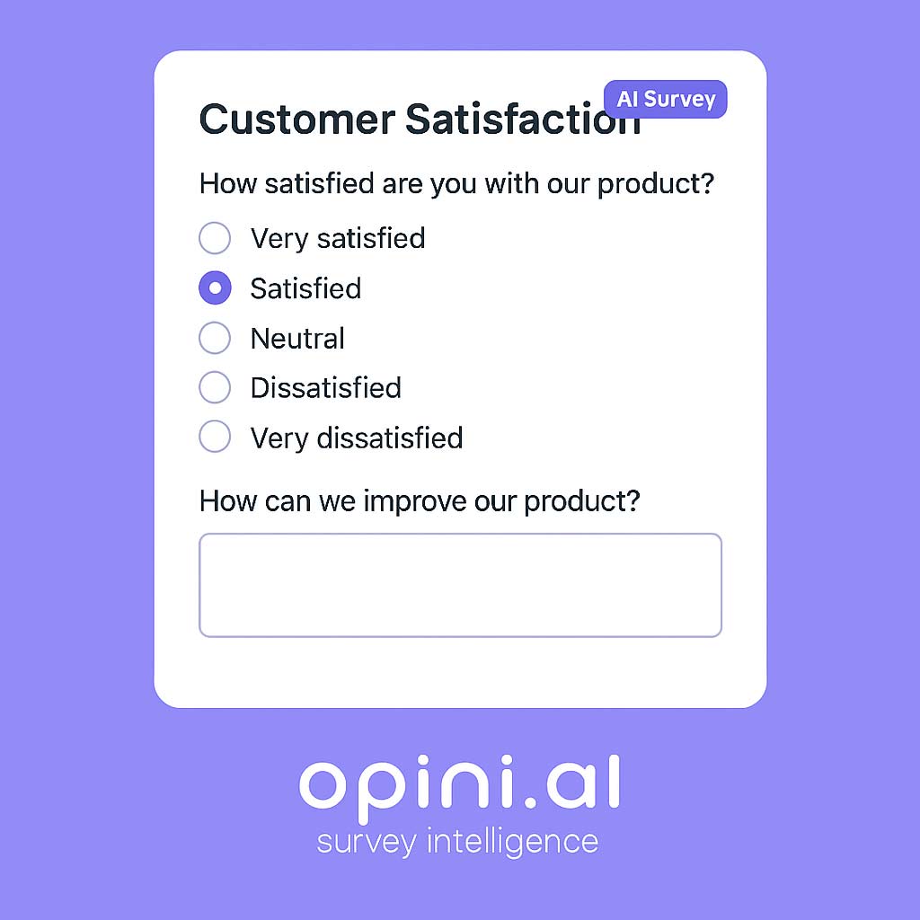 Opini.ai free survey tool showing AI-powered customer satisfaction form with rating and feedback fields